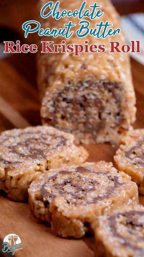 Scotcharoos pinwheels are a chocolate peanut butter rice krispies roll recipe that combines crispy rice cereal, peanut butter, sugar, and corn syrup then topped off and rolled with melted butterscotch and chocolate. #glutenfree #peanutbutter #ricekrispiestreat #chocolate #nomnom #treats Scotcharoo Pinwheel, Rice Krispie Treats Cereal Recipe, Rolled Rice Krispie Treats, Pb&j Rice Krispie Treats, Rice Crispy Pinwheels, Rice Crispy Roll Ups, Rice Krispy Peanut Butter Treats, Rice Krispie Roll With Chocolate, Rice Krispie Pinwheels