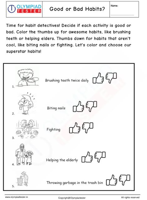 Good And Bad Habits Worksheet For Kids, Kindergarten Science Worksheets, Habits Worksheet, Healthy Habits For Kids, Thumbs Down, Kindergarten Science, Good And Bad, Science Worksheets, Positive And Negative