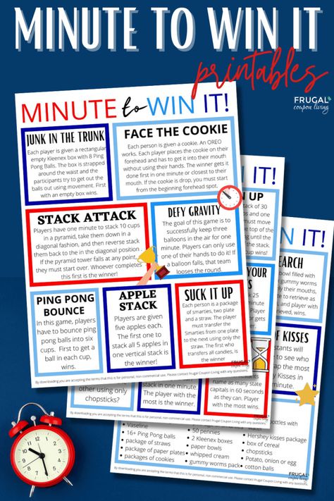 Eighteen of the most popular & new Minute to Win It Games. This party organizer includes Minute to Win it Games List PDF printable with 60-second challenge rules, supply list & directions. Also use for youth group, family game night, classroom party, neighborhood games. Use as outdoor or indoor games. Rainy day boredom busters or summer games in the sun. Use for kids of all ages - games for youth, teen, tweens, kids, and even adults.#FrugalCouponLiving #minutetowinit Cookie Stack, One Minute Games, 10 Birthday, Minute To Win, Youth Games, Minute To Win It Games, Reunion Ideas, Creative Bookmarks, Easter Games