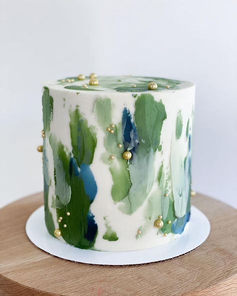 Unisex Cake Design For Adults, Cake Colors Ideas, Abstract Buttercream Cake, Baker Instagram Feed, Painted Cake Ideas, Party Cakes For Adults, Cake Decor For Men, Natural Cake Decoration, Mint Green Cake Design