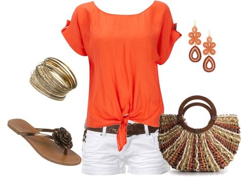 Tangerine summer, created by romigr99 on Polyvore Orange Shirt Outfit Summer, Orange Summer Outfits, Relax Clothes, Orange Shirt Outfit, Summer Color Combos, Summer Couture, Longer Shorts, Shirt Outfit Summer, Va Va Voom