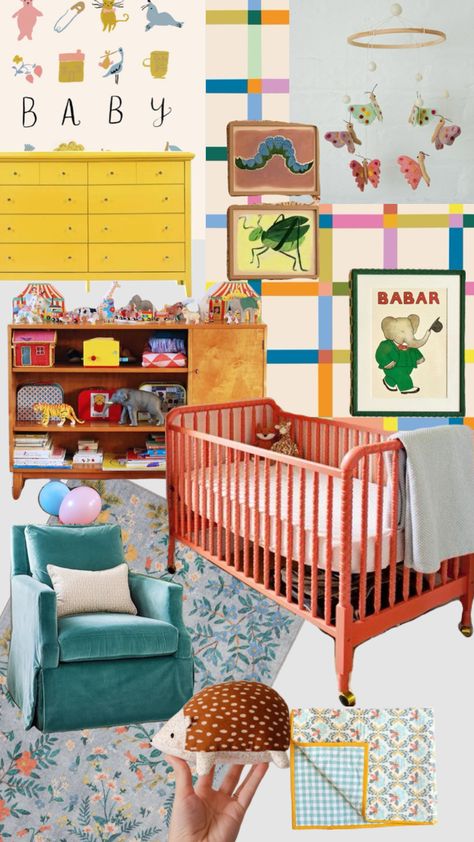 Eclectic nursery Colorful Wallpaper Nursery, Bright Colorful Nursery Ideas, Colorful Neutral Nursery, Funky Baby Nursery, Eclectic Boys Bedroom, Gender Neutral Nursery Color Palette, Funky Nursery Ideas, Gender Neutral Nursery Colorful, Colourful Nursery Ideas