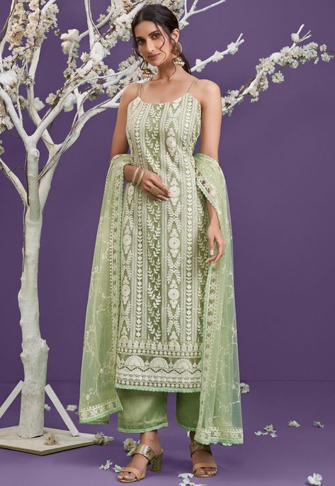 Cotton Thread Embroidery, Suits For Women Indian, Pakistani Suits Online, Pista Green, Casual Indian Fashion, Traditional Indian Outfits, Indian Dresses Traditional, Party Wear Indian Dresses, Dress Indian Style