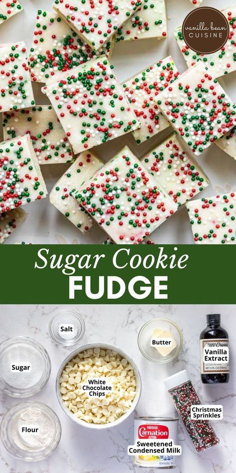 This rich Sugar Cookie Fudge brings sugar cookie flavor to creamy, decadent fudge. Holiday sprinkles make these super festive for a Christmas dessert tray. Instant Pot Fudge, Christmas Tray Cookies, Sugar Cookie Fudge Christmas, Christmas Baked Goods Gifts Easy Diy, Christmas Cookie Fudge, Sugar Cookie Fudge Recipe, Christmas Dessert Box Ideas, Christmas Potluck Desserts, Christmas Sugar Cookie Fudge