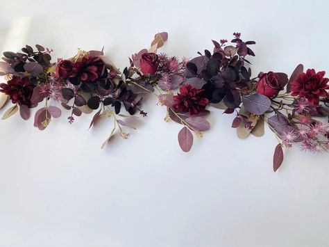 Burgundy And Purple Wedding, Wedding Ideas Burgundy, Burgundy Wedding Ideas, Silk Flower Garland, Table Runner Flower, Burgundy Table Runner, Burgundy Red Wedding, Purple Table, Flower Words