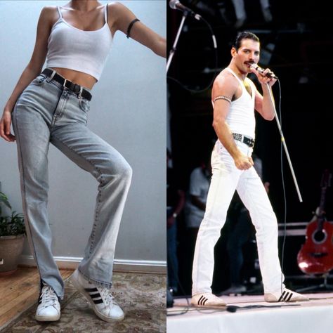 Freddie Mercury inspired halloween costume Freddie Mercury Halloween Costumes, Freddie Mercury Makeup Inspired, Freddie Mercury Costumes, Freddie Mercury Aesthetic Outfits, Halloween Costumes Celebrities Ideas, Freddy Mercury Halloween Costumes, Freddie Mercury And David Bowie Costume, Freddie Mercury Style, Halloween Costume Celebrities