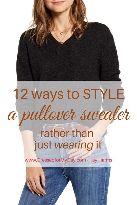 Sweater Outfits Women Over 40, Jewelry With Sweaters, Sweater Accessories Style, Sweaters With Jeans Outfit, Black Sweater Styling, Dressy Sweaters For Women, Jean And Sweater Outfits Casual, Layering With Sweaters, How To Style A Sweater With A Skirt