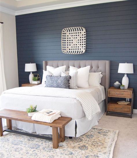 Navy Bedroom Decor, Navy Blue Bedroom Ideas, Navy Blue Bedroom, Navy Blue Curtains, Rustic Farmhouse Bedroom, Navy Bedrooms, Blue Bedroom Ideas, Navy Blue Bedrooms, Blue And White Rug