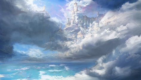 Castle in the Sky, shen he on ArtStation at https://www.artstation.com/artwork/xzLP6E Castle Art, Castle In The Sky, Fantasy Castle, Fantasy Places, Landscape Scenery, Fantasy Art Landscapes, Fantasy Concept Art, Sky Art, High Fantasy