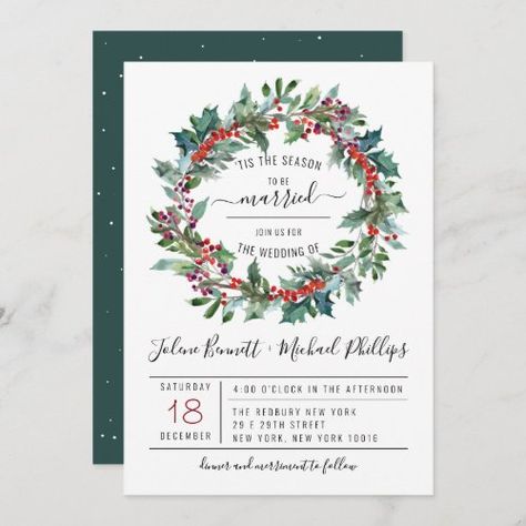 $2.92 | Tis The Season | Christmas Wedding Invitation - tis the season, to be married, wedding, christmas, watercolor, wreath, winter, holiday, festive, modern December Bride, Angel Wedding, Wedding December, Christmas Wedding Themes, Ariel Wedding, Christmas Wedding Invitations, Winter Holiday Party, Holiday Party Invitation, Wedding Invitation Size