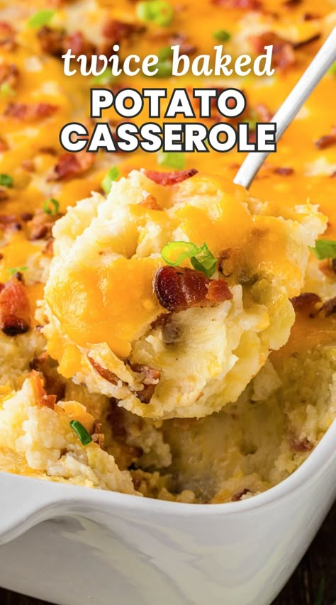 Cheesy Twice Baked Potato Casserole is loaded with cheese and bacon and will be the perfect side dish for the holidays or any special meal. Baked Side Dishes Easy, Easy Twice Baked Potatoes Casserole, Baked Potato Casserole Loaded, Twice Baked Potato Casserole Recipe, Easy Twice Baked Potatoes, Bacon Potato Casserole, Best Twice Baked Potatoes, Loaded Potato Casserole, Nara Smith