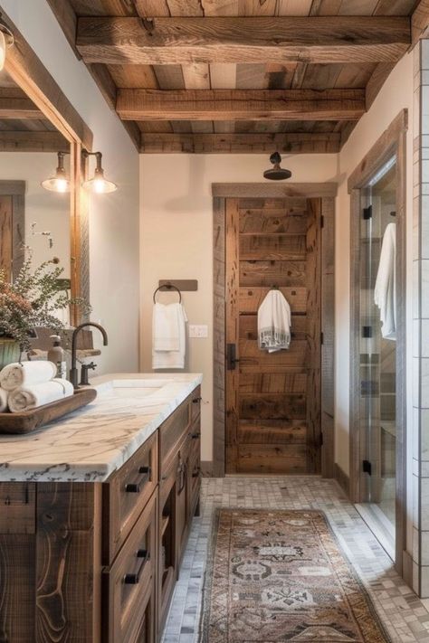 Cabin Bathroom Makeover, Cozy Rustic Bathroom Ideas, Rustic Stand Up Shower Ideas, Timber Frame Bathroom Ideas, English Cottage Master Bath, Rustic Shower Door Ideas, Farmstyle Bathroom Modern, Barndominium Ideas Interiors Bathroom, Wood Ceiling Bathroom Small Spaces