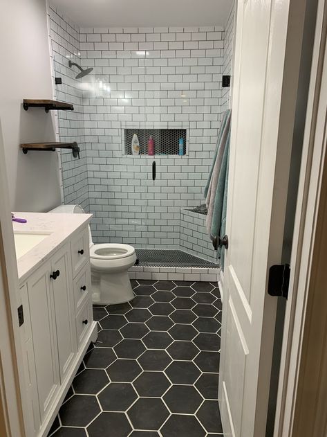 Black Hexagon Floor Tile Bathroom, Black Hexagon Tile Bathroom, White Hexagon Tile Bathroom, Large Hexagon Tile, Hexagon Tile Bathroom Floor, Large Tile Bathroom, Hexagon Tile Bathroom, Two Sides To Every Story, Black Tile Bathrooms