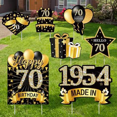 PRICES MAY VARY. [You will get] - 7pcs black gold 70th birthday yard sign decorations and 14 stakes,including "Happy 70th birthday" garden sign, "MADE IN 1954" garden sign, and balloons, gift boxes,star,fireworks and birthday cake sign. [Unique design] - Using elegant black gold, sparkling diamond numbers "70", "1954" and rich party elements such as balloons and stars.Large size yard signs are enough to decorate your yard and will leave you with wonderful memories. [High-quality material] - Made Rich Party, 30th Birthday Sign, 50 Sign, 50th Birthday Party Ideas For Men, Wooden Stakes, Balloons Gift, Party Elements, 80th Birthday Decorations, Happy Birthday Yard Signs