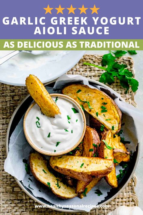 Garlic Greek Yogurt Aioli Sauce with baked potatoes. Greek Yogurt Dipping Sauce, Recipe Greek Yogurt, Aioli Sauce Recipe, Garlic Yogurt Sauce, Garlic Aioli Recipe, Yogurt Dipping Sauce, Garlic Yogurt, Greek Yogurt Sauce, Aioli Sauce