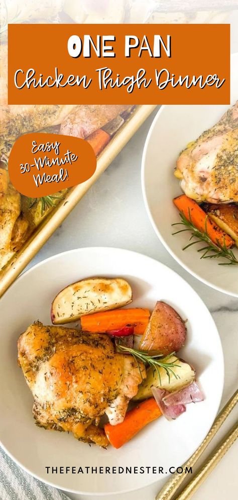 These Sheet Pan Chicken Thighs are so tender and full of flavor. The whole family will love this baked chicken and vegetables dinner! Meals With Steak, Meals With Sausage, Baked Chicken And Vegetables, Turkey Recipes Leftover, Healthy Sheet Pan Meals, Chicken Thighs And Veggies, Chicken Thigh Dinner, Meals To Make For Dinner, Steak Healthy