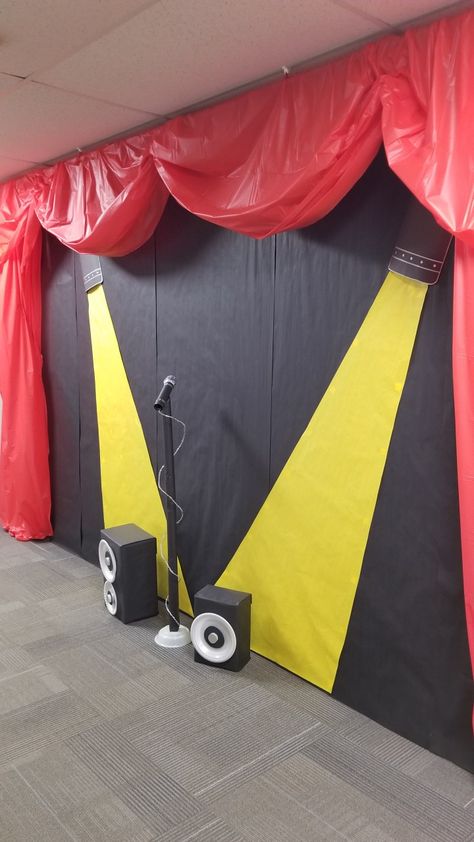 The Voice Party Theme, Movie Vbs Decorations, Movie Theme Vbs Decorations, Rock N Roll School Theme, Shine Vbs 2024 Decorations, Vbs Start The Party, Rock Your School Day Ideas, Talent Show Background, Concert Stage Design Backdrops