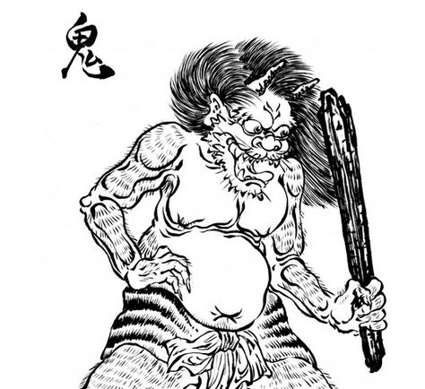 Oni - The earliest images of oni are seen in Buddhist depictions of hell, such as the late-twelfth-century Jigoku zoshi (Hell scrolls). As the image developed it was probably also influenced by early pictures of Raijin (the thunder deity), as found in, for example, the thirteenth-century illustrated Kitanotenjin engiemaki. Portrayal of the oni as a fierce, demonic, violent horned figure has remained remarkably consistent since these early illustrations. Original illustration by Shinonome Kijin. Oni Art, Spirits Art, Traditional Japanese Tattoo Designs, Japanese Yokai, Japanese Buddhism, Oni Demon, Japanese Oni, Japanese Monster, Monster Book Of Monsters