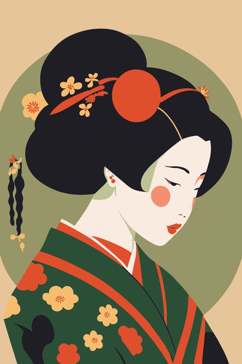 Japanese Geisha Drawing, Portrait Japanese, Geisha Drawing, Geisha Illustration, Book Illustration Layout, Background Retro, Japan Illustration, Kimono Japan, Applique Ideas