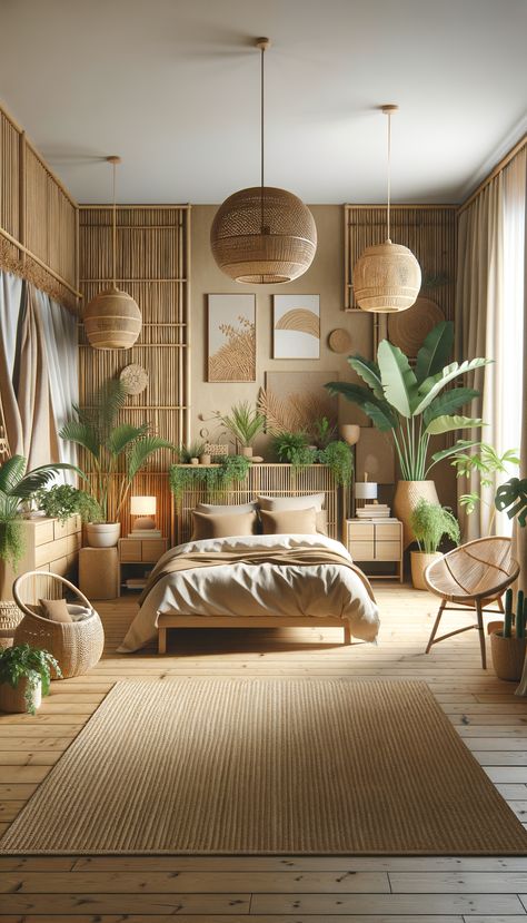 "Cozy bedroom with natural, warm vibes. Wooden bed, neutral bedding, vibrant plants. Woven wall hangings, bamboo accents. Wicker headboard, pendant lights. Woven rug, rattan chair by window with light curtains. Serene, inviting atmosphere." Wicker Decor Bedroom, Bamboo Wall Interior, Bali Room Design, Bamboo Day Bed, Bamboo Bedroom Decor, Rattan Decor Interior Design, Bamboo Accent Wall, Resort Style Bedroom, Wicker Bedroom Ideas