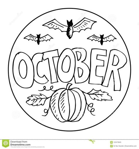 Illustration about October Coloring Pages for Kids. Hand drawing illustration. Illustration of graphic, adult, line - 122473645 October Colouring Pages, October Coloring Pages, October Pictures, Halloween Coloring Pages For Kids, Pictures To Color, Kindergarten Coloring Pages, School Coloring Pages, Halloween Coloring Book, Fall Coloring Pages