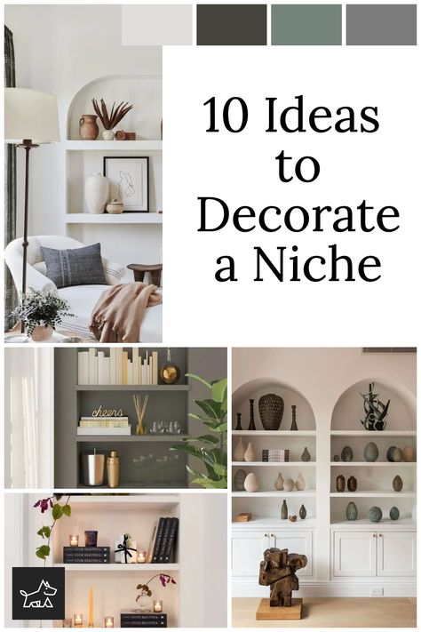 Decorate your niche with flair using our 10 creative ideas. Turn it into a mini art gallery by displaying framed paintings or photographs. Install floating shelves to showcase books, plants, or unique trinkets. For a dramatic effect, backlight the niche with LED strip lighting. Paint the inside of the niche in a bold color or use wallpaper to create a focal point. For a serene vibe, place a Buddha statue or a small water feature inside. How To Style Arched Wall Niche, Floating Shelves Wallpaper, Wallpaper In Niche, Shallow Wall Niche Ideas, Inset Wall Niche, How To Decorate Floating Shelves Bedroom, Decorating A Niche In A Wall Entryway, High Ceiling Wall Niche Decorating Ideas, Basement Feature Wall Ideas