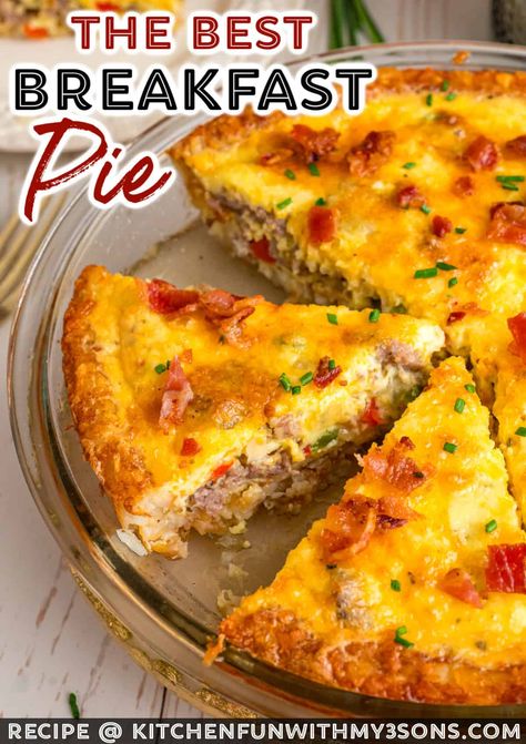 This savory Breakfast Pie is packed with cheesy eggs, flavorful sausage, tender veggies and bacon all nestled in a crispy hash brown crust. It’s the perfect way to start your morning with a balanced meal that is as satisfying as it is simple to make. Breakfast Pie Quiche, Breakfast Using Pie Crust, Sausage And Egg Pie, Quiche Recipes Easy Bacon, Easy Thanksgiving Breakfast Ideas, Hash Brown Breakfast Ideas, Breakfast Sausage Ideas, Sausage Breakfast Recipes, Breakfast Keish