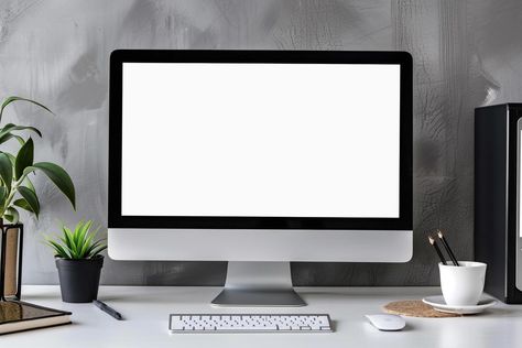 Computer Monitor Mockup with Blank Screen on White Desk for Tech Presentations Computer Mockup, Laptop Mockup, Blank Screen, White Desk, Mockup Downloads, Laptop Screen, Digital Assets, Product Display, White Desks