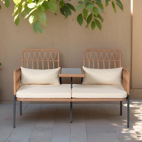 Outdoor Woven Rattan Loveseat Conversation Furniture Set with Cushions - Bed Bath & Beyond - 37165355 Conversation Furniture, Rattan Loveseat, Wicker Loveseat, Patio Loveseat, Outdoor Loveseat, Balcony Furniture, Woven Rattan, Outdoor Wicker, Conversation Set Patio