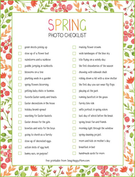 FREE Printable - Spring Photo Checklist For Moms *Love this list of photography ideas. Throwing this in my bag with my camera. Photo Checklist, Photo A Day Challenge, Photo Prompts, Spring Fun, Photography Help, Spring Photos, Photography Challenge, Spring Photography, Photographs Ideas