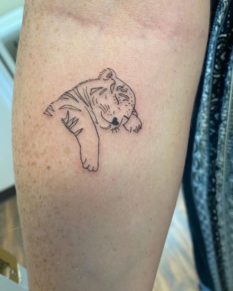 Sleeping Tiger Tattoo, Crawling Tiger Tattoo, Line Heart Tattoo, Tattoo Ideas Shoulder, Tiger Tattoo Ideas, Tiger Tattoos, Simple Wrist Tattoos, Cubs Tattoo, Le Tattoo