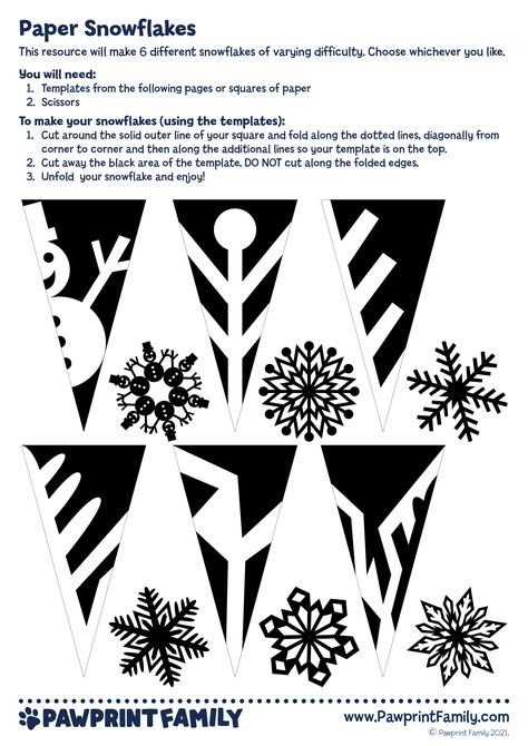 Paper Snowflakes - Pawprint Family Printable Snowflake Template, Paper Snowflake Designs, Paper Snowflake Template, Paper Snowflake Patterns, Templat Kotak, Paper Snowflakes Diy, Christmas Decor Ideas Outdoor, Snowflake Template, Snowflake Craft