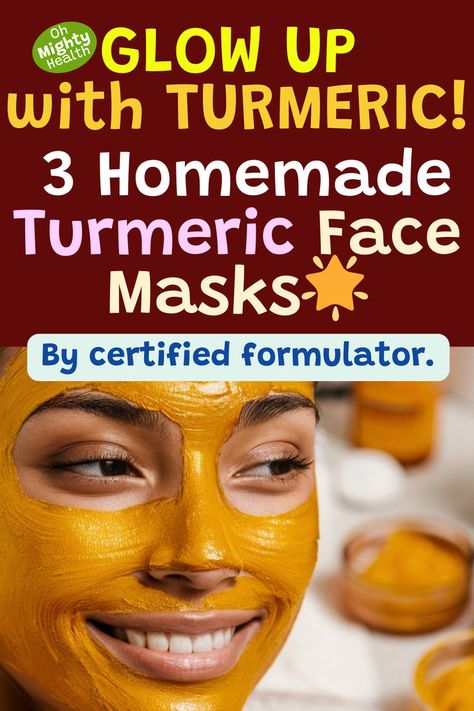 Lady with turmeric face mask. Text reads: Glow up with turmeric! 3 homemade turmeric face masks. Face Masks For Glowing Skin, Masks For Glowing Skin, Diy Turmeric Face Mask, Brightening Face Mask, Turmeric Face Mask, Tumeric Face Mask, Acne Dark Spots, Glowing Skin Mask, Diy Skin Care Routine