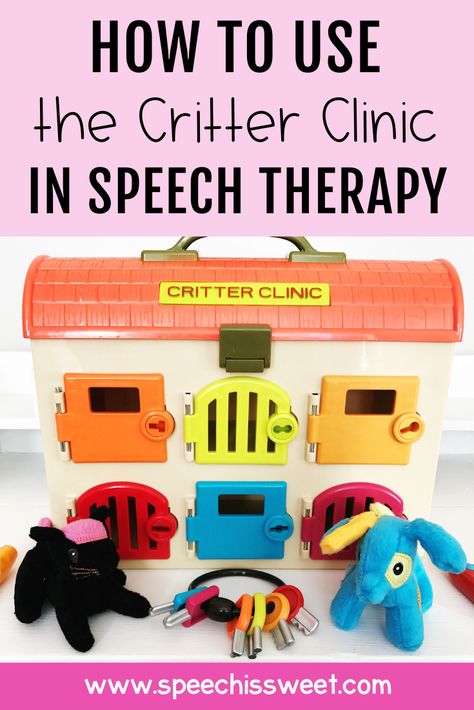 Using Critter Clinic toy in speech therapy - Critter Clinic makes the perfect tool for play-based speech and language therapy because it's designed to elicit so much language! In this blog post, I share the various speech and language skills you can target with this toy. Save this for reference later! | Speech is Sweet Ei Speech Therapy, Pre K Speech Therapy Activities, Early Language Activities Speech Therapy, Speech Therapy Clinic Design, Preschool Speech And Language Activities, Play Based Speech Therapy, Play Based Speech Therapy Activities, Critter Clinic Speech Therapy, Preschool Speech Therapy Activities