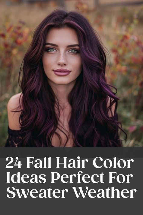 Woman with dark purple hair against a fall foliage background. Text: "24 Fall Hair Color Ideas Perfect For Sweater Weather." Fall Cool Hair Colors, Caramel Violet Highlights, Hair Color Dye Chart, Attic Fox Wrath Hair Dye, Burgundy Hair With Purple Money Piece, Purple Hair Over 40, Full Head Hair Color Ideas, Fall Hair Color For Brunette, Fall Plum Hair