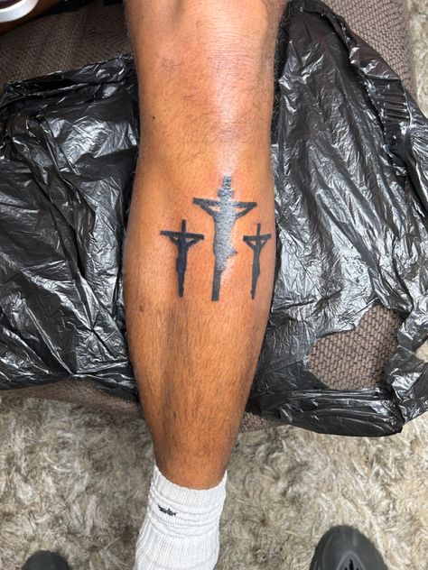 Cross Knee Tattoo, Biblical Tattoos Sleeve, 3 Crosses Tattoo Men, 3 Crosses Tattoo, Three Crosses Tattoo, Crosses Tattoo, Jesus Merch, Money Bag Tattoo, Bag Tattoo