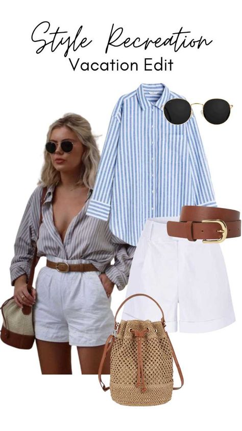 Summer Striped Shirt, White Shorts Blue Shirt Outfit, Blue And White Vacation Outfits, Brown Belt Summer Outfit, Summer Belt Outfit, Blue Stripped Shirt Women Outfit Summer, Women Striped Shirt Outfit, Striped Shirt And Shorts Outfit, Styling Blue And White Striped Shirt