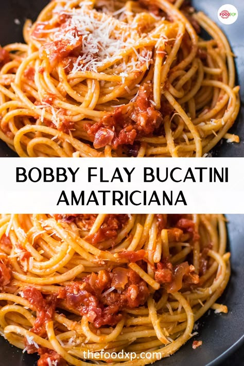 Geoffrey Zakarian Pasta Amatriciana, Tallegio Recipes, Bobby Flay Spaghetti Sauce, Bucatini Recipes Simple, Easy Bucatini Recipes, Buccatelli Pasta, Italian American Recipes, Bobby Flay Anchovy Pasta, Pasta Amatriciana Recipe