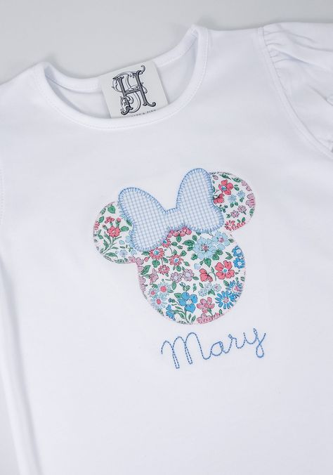 Disney Embroidery Shirts, Names In Cursive, Short Sleeve White Dress, Mouse Applique, Girls White Shirt, Name In Cursive, Pink Floral Fabric, Embroidery Shirts, White Short Sleeve Dress