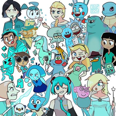 Blue Cartoon Character, Colored Characters, Cartoon Kunst, Fandom Crossover, Fandom Funny, Cartoon Crossovers, Wow Art, Aqua Turquoise, Dessin Adorable