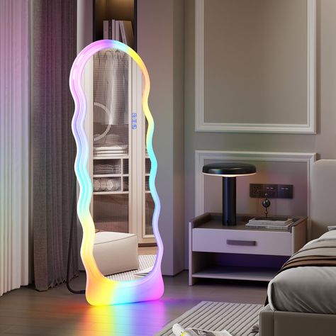 PRICES MAY VARY. [FULL LENGTH SIZE] - 63" X 20" body mirror, long and stable, easy to let you check your full figure and keep you good-looking before you go out. It can freestanding on the floor. [7 Color Lights & Dimmable Brightness] There are 7 color lights (white, light blue, pink, red, yellow, blue, green) and you long-press the button to adjust the brightness among these colors. The memory function can keep the last brightness setting while turning on again. This RGB FULL MIRROR will add lu Led Floor Mirror, Wavy Full Body Mirror, Long Mirror With Lights, Body Size Mirror, Long Mirror In Bedroom, Full Body Mirror With Lights, Mirror With Backlight, Big Mirror In Bedroom, Colorado Apartment