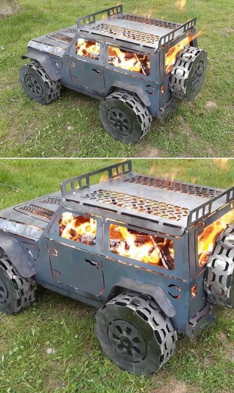 Diy Jeep, 4 Door Jeep Wrangler, Metal Fire Pit, Jeep Grill, Custom Metal Art, Fire Pit Designs, Wood Burner, Cooking On The Grill, Metal Projects