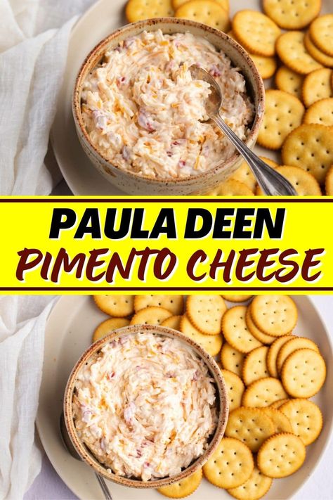 Paula Deen pimento cheese is a quick and easy dip that's perfect for impromptu parties and get-togethers! With just 7 ingredients, this dip is easy to whip up and will disappear in a flash! Bobby Dean Pimento Cheese Recipe, Paula Deen's Recipes, Homemade Pimento Cheese Recipe Paula Dean, Paula Deens Pimento Cheese Recipe, Paminto Cheese Dip, Gourmet Pimento Cheese Recipe, Company Cheese Spread 12 Tomatoes, Trisha Yearwood Pimento Cheese, Southern Pimento Cheese Dip