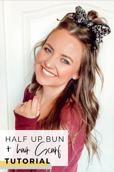 Half up half down hair scarf tutorial! How to do a half up messy bun with a hair scarf or scrunchie! Hair tutorial | easy half up half down | casual | bun | top knot | curled hair | quick | hairstyles | brunette | bronde | how to | #halfuphalfdown #hairtutorial  #hairstyle #cassiescroggins #video Scarf Bun Tutorial, Hair Scarf Bun, Half Up Half Down Casual, Hairstyles Scarf, Half Up Messy Bun, Up Messy Bun, Scarf Bun, Hair Scarf Tutorial, Casual Bun