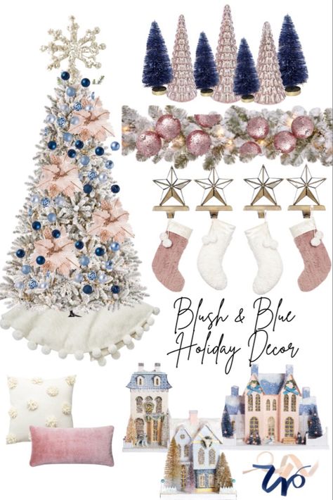 Light Blue And Pink Christmas Tree, Pink And Blue Tree Christmas, Navy Blue And Pink Christmas Decor, Pink And Blue Christmas Decorations Decorating Ideas, Blush And Blue Christmas Tree, Pink And Navy Christmas Decor, Navy And Blush Christmas Tree, Christmas Tree Blue And Pink, Pink And Blue Christmas Aesthetic