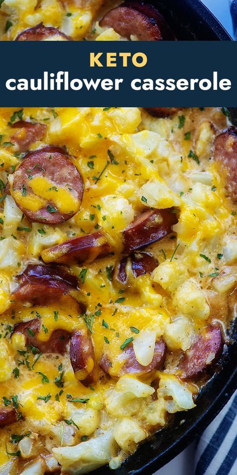 Keto Smoked Sausage Casserole, Cauliflower Sausage Recipes, Keto Hotdish Recipes, Keto Kielbasa Cauliflower Soup, Keto Kielbasa Soup With Cauliflower, Baked Cauliflower Mac And Cheese, Keto Cauliflower Casserole, Monday Meals, Keto Veggies