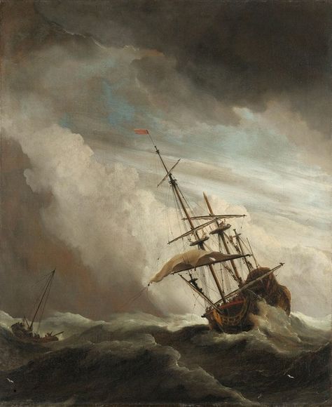 Willem van de Velde (II), A Ship on the High Seas Caught by a Squall, known as ‘The Gust’, ca. 1680, oil on canvas, 77 x 63,5 cm. Rijksmuseum (artwork in the public domain, photo Rijksmuseum, SK-A-1848) Artificial Foliage, Boat Plans, A Ship, Seascape Paintings, Rembrandt, Hanging Art, Vintage Images, The High, Vintage Prints