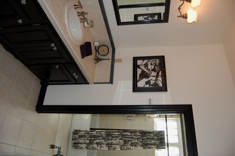 French-Country bathroom in black & white, inspired by the toile shower curtain. Black And Tan Bathroom, Tan Bathroom Ideas, French Country Style Bathroom, Mediterranean Bathroom Design Ideas, Small Guest Bathroom Ideas, Tan Bathroom, Tan Tile, Country Style Bathrooms, Mediterranean Bathroom