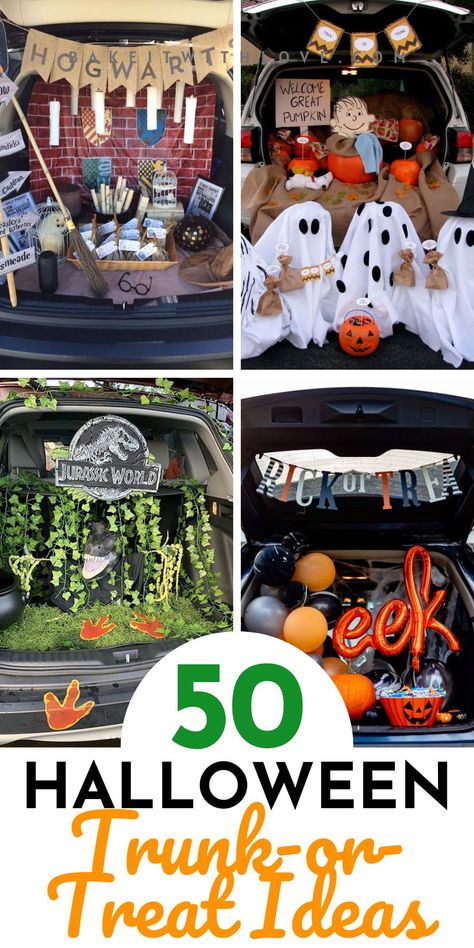 Best trunk or treat ideas for Halloween trick or treating featuring 4 images in collage pin. Trunk Or Treat Ideas For Van, Halloween Car Decorations, Trunker Treat Ideas, Trunk Or Treat Ideas, Halloween Themes Decorations, Best Themes, Candy Costumes, Hallowen Ideas, Halloween Wallpaper Cute