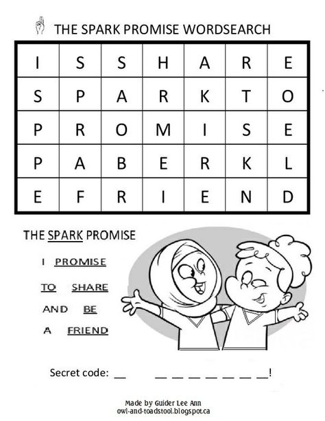 GGC Sparks Promise Wordsearch blk/white version http://owl-and-toadstool.blogspot.ca/2013/03/wordsearch-puzzles.html Brownies Girl Guides, Awana Sparks, Brownies Activities, Brownie Guides, Camp Songs, Rainbow Badge, World Thinking Day, Girl Guide, Girl Scout Crafts